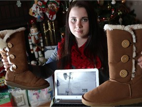 CALGARY, AB.; DECEMBER 22, 2014  -- Kayleigh Lake holds the knockoff Ugg boots she bought online in her left hand and the real thing in her right. at home Monday December 22, 2014. She thought she was getting a half price deal but later learned the website (since taken down and replaced with a warning message) was peddling fakes.