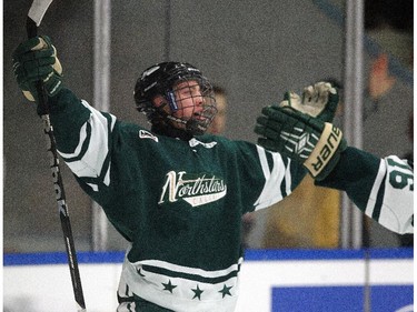 Calgary Northstars defenceman Tyler McCarry celebrated after his team scored against the Lethbridge Hurricanes during their Mac's AAA Midget Tournament at Max Bell Arena on December 27, 2014.