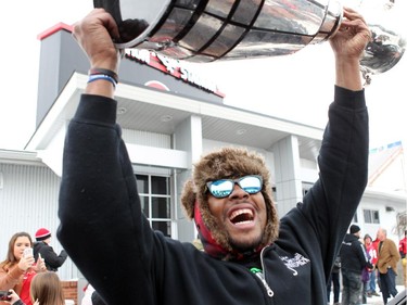 Slot Back Nik Lewis plans on celebrating for days as the Grey Cup-champion Stampeders returned to Calgary on Monday, Dec. 1.  after winning the 102nd Grey Cup on Sunday in Vancouver with a 20-16 victory over the Hamilton Tiger-Cats.