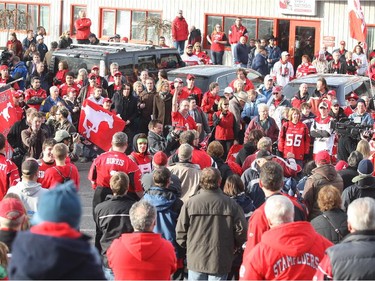 Fans cheer as they wait for the Calgary Stampeders to arrive from Montreal at McMahon stadium.About a thousand people were at McMahon to greet the team on their arrival after the Stamps beat Montreal to win the Grey Cup in 2008.