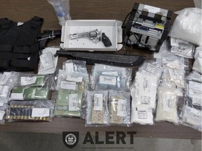 Officers with the Alberta Law Enforcement Response Teams  or ALERT seized drugs with an estimated street value of $250,000, drug paraphernalia, a .357 Magnum revolver with the serial number defaced, and various other weapons on Nov. 27, 2014, in a recent drug trafficking investigation in Calgary.