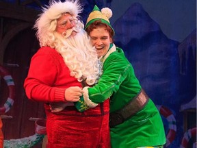 Mark Fishback (Santa) and Calgarian David Wiens in Elf: The Musical, which is Wien's first professional job since completing his musical theatre degree at Pace University in New York. Wiens competed in five Calgary Kiwanis Music Festivals and was a member of the Young Canadians in addition to performing with Storybook Theatre, Front Row Centre Players, and other Calgary community theatre companies.