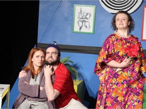 Photo Mya Swedburg
Elisa Benzer, Alan Johnson and Hayley Feigs in !Duranged!, a new production of a pair of one-act comedies by Christopher Durang being produced in Calgary by Theatre BSMT.