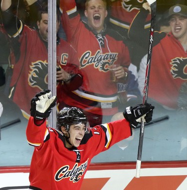 Calgary Flames Johnny Gaudreau celebrates his goal on Edmonton Oilers during first period action at the Scotiabank Saddledome in Calgary on December 27, 2014.