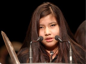Rinelle Harper speaks at the Assembly of First Nations gathering in Winnipeg on Tuesday.
