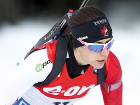 Canada's Rosanna Crawford competes to place fourth in the sprint women at the Biathlon World Cup event, in Pokljuka, Slovenia on Thursday.