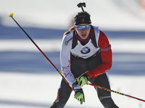 Canmore's Rosanna Crawford enters the finish area to place seventh in the women's 10 km pursuit competition at the Biathlon World Cup event, in Pokljuka, Slovenia on Saturday. She finished 12th on Sunday to cap a solid event, which also featured a fourth-place finish.