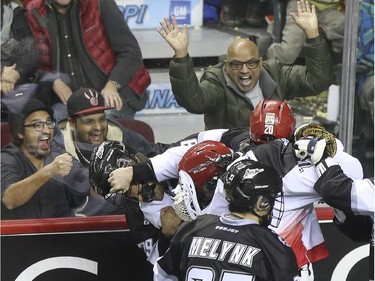 Fans get excited as a fight between Calgary Roughnecks Travis Cornwall, 20, and Edmonton Rush's Nik Bilic, left, during an exhibition game at the Saddledome in Calgary, on December 20, 2014.