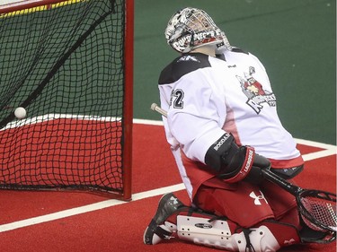 Calgary Roughnecks goalie Frankie Scigliano reacts to letting in another goal after entering the game as the replacement goalie against the Edmonton Rush during exhibition game action at the Saddledome in Calgary, on December 20, 2014.