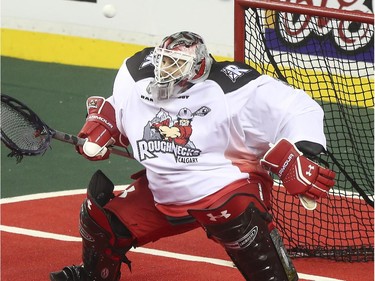 Calgary Roughnecks goalie Mike Poulin makes a save during an exhibition game against the Edomonton Rush at the Saddledome in Calgary, on December 20, 2014.