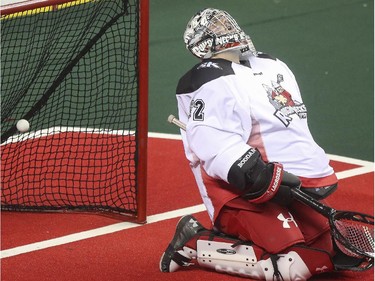 Calgary Roughnecks goalie Frankie Scigliano reacts to letting in another goal after entering the game as the replacement goalie against the Edmonton Rush during exhibition game action at the Saddledome in Calgary, on December 20, 2014.