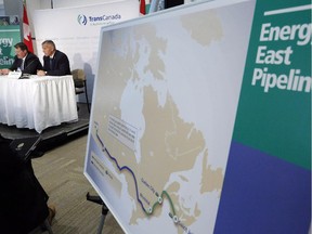 The Energy East pipeline proposed route is pictured as TransCanada officials speak during a news conference in Calgary, on Aug. 1, 2013.