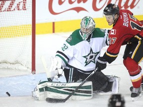 Dallas Stars goalie Kari Lehtonen turns aside a shot by Lance Bouma of the Calgary Flames during the third period of Calgary's 2-1 loss, their seventh in a row, at the Saddledome Friday night.