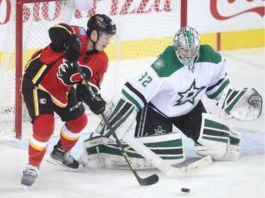 Jiri Hudler of the Calgary Flames can't stuff the puck past Dallas Stars goalie Kari Lehtonen during the third period of the Flames 2-1 loss, their 7th in a row, at the Saddledome Friday night December 19, 2014.