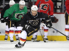 Calgary Flames defenceman Dennis Wideman picks up speed during practice.