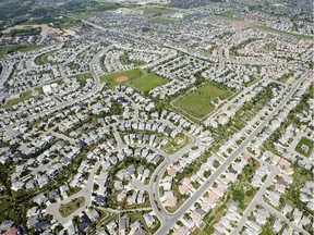 Aerial view of suburbs in southwest Calgary.