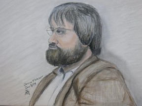 Trevor Kloschinsky sits in the prisoner's docket in this artist's sketch on Monday, December 8, 2014.