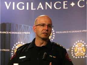 Duty Inspector Paul Stacey for the Calgary Police talk to media in the NE in Calgary, on May 26, 2012.(Photo by Christina Ryan, Calgary Herald)