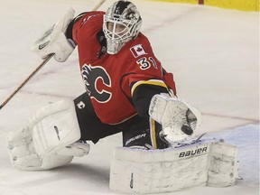 Calgary Flames goalie Karri Ramo reaches for the save during game action against the detroit Red Wings at the Saddledome in Calgary, on January 7, 2015.