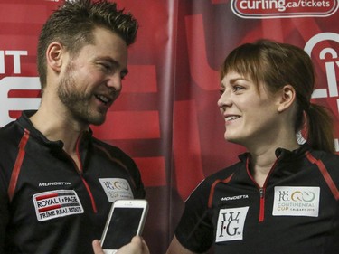 Husband-wife mixed doubles team Dawn and Mike McEwan talk about what it was like to play with each other after their doubles match during Continental Cup curling action at the Markin MacPhail Centre in Calgary, on January 10, 2015. Team Europe overtook them in 6-5 nail-biter match.