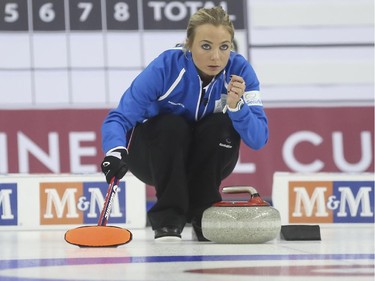 Team Europe's Anna Sloan indicates 'a little to the right' to her mixed doubles partner Christoffer Svae at the Continental Cup at the Markin MacPhail Centre in Calgary, on January 10, 2015. Team Europe took this match in 6-5 nail-biter.