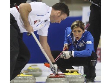 Team Europe's Eve Muirhead yells for her mixed doubles partner, Team Europe's David Murdoch, during Continental Cup action at the Markin MacPhail Centre in Calgary, on January 10, 2015. The final score was 8-5 for Team Canada.