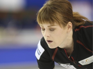 Dawn McEwen reacts to a shot she isn't pleased with during mixed doubles Continental Cup action at the Markin MacPhail Centre in Calgary, on January 10, 2015. Team Europe overtook them in this 6-5 nail-biter match.