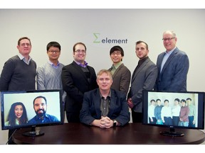 Element Industrial Solutions CEO and founder Sandy MacElheron, seated, with his team. 

Standing (from left to right):
Jack Richey, Sales Manager
Tony Hong, R&D Manager
Riccardo Palladini, Marketing/Finance
Kevin Leung, Marketing/Design
Davor Karacic, IT Project Manager
Mark Lehman, VP Sales & Marketing

In left monitor, from left to right:
Samantha Leung, Administrator
Martin Fedec, Chief Operating Officer

In right monitor:
Our software development team in Seoul, South Korea, led by Manager Andy Lee