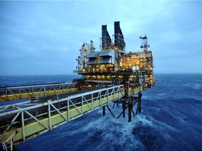 A picture shows section of the BP ETAP (Eastern Trough Area Project) oil platform in the North Sea, around 100 miles east of Aberdeen, Scotland on February 24, 2014.