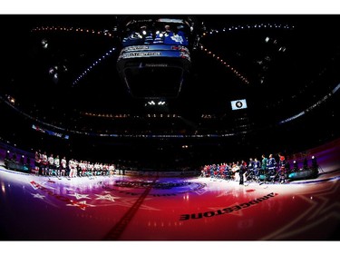 A general view of the Team Toews and Team Foligno lined up prior to the 2015 Honda NHL All-Star Skills Competition at Nationwide Arena on January 24, 2015 in Columbus, Ohio.