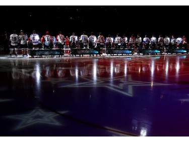 A general view of the Team Toews and Team Foligno lined up prior to the 2015 Honda NHL All-Star Skills Competition at Nationwide Arena on January 24, 2015 in Columbus, Ohio.