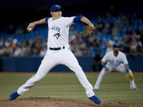 Toronto Blue Jays pitcher Aaron Sanchez makes his major league debut as he pitches against the Boston Red Sox during seventh inning AL baseball action in Toronto on Wednesday, July 23, 2014.