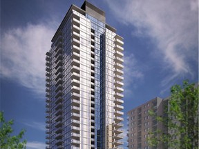 Artist rendering of new rental residential tower planned for East Village. (Courtesy of Calgary Municipal Land Corporation)