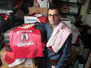 William Laurin's son Dakota works for a non-profit group helping underpriveleged youth in South Africa. He is also a former Western Canada High School graduate. He has organized a donation of the old jerseys, that say redmen on them and can no longer be used, to kids in South Africa. William was photographed with the jerseys in his Calgary home on January 15, 2015.
