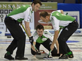 Brock Virtue (middle), here with his former teammates DJ Kidby (left/lead) and Chris Schille (right/second), is back at the SACA southern playdowns with a different team looking for a spot at the provincials.