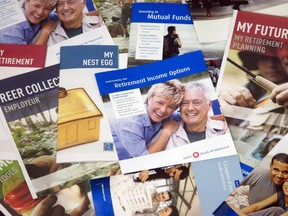 Brochures offering various retirement savings options are pictured February 3, 2012 in Montreal.