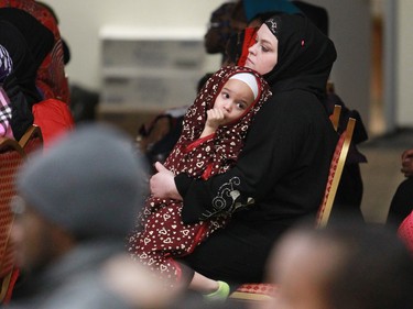 Gavin Young, Calgary Herald
CALGARY, AB: JANUARY 10, 2015 -  Members of the Calgary Somali community listen to a meeting held at the Abu Bakr Musallah Mosque on Saturday evening January 10, 2015. The meeting was held to help find ways to counter recent violence within the Somali community.
(Gavin Young/Calgary Herald)
(For City section story by Erika Stark) Trax# 00061771A