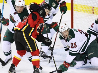 The Calgary Flames Jiri Hudler looks for a rebound in front of the Minnesota Wild net during second period NHL action at the Scotiabank Saddledome on Thursday Jan. 29, 2015.
(Gavin Young/Calgary Herald)
(For City section story by Scott Cruikshank) Trax# 00057776A