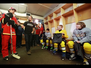 Young Calgary Flames star Johnny Gaudreau surprised the Blackfoot Chiefs Atom 5 team in their dressing room at the Acadia Recreation Centre before their practise Friday night. The event sponsored by Bauer also included all the team receiving Bauer hockey sticks and Gaudreau skated with the team during their practise.