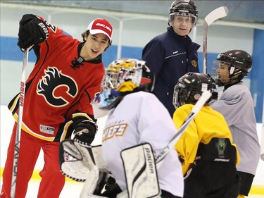 Calgary Flames star rookie Johnny Gaudreau practised with the Blackfoot Chiefs Atom 5 team after surprising them in their dressing room at the Acadia Recreation Centre Friday night. The event sponsored by Bauer also included all the team receiving Bauer hockey sticks.