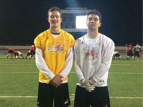 Calgary high school football players St. Mary's quarterback Alex Basilis, left, and Notre Dame running back Myles Browne are among four locals on Team Canada's U18 team set to compete against Team USA in the Dallas Cowboys stadium in Arlington, Texas on Friday.