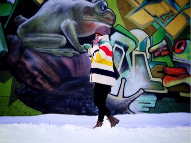 It did not feel like a rainforest today  in Calgary on January 3, 2014 as Pam Tymensen bundles up against the cold.