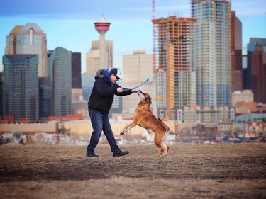 John Aitchison and his dog Leela, 8, enjoyy a warm winter morning in Calgary.
