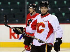 Calgary Flames centre Josh Jooris is seen during practice at the Scotiabank Saddledome on Wednesday, a day after scoring a big goal against the Buffalo Sabres.
