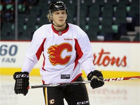 Calgary Flames forward David Wolf skates during practice on Wednesday.