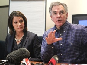 Premier Jim Prentice joined Highwood MLA Danielle Smith in making an announcement regarding changes to the province's Distaster Recovery Program in High River on Jan. 24, 2015.