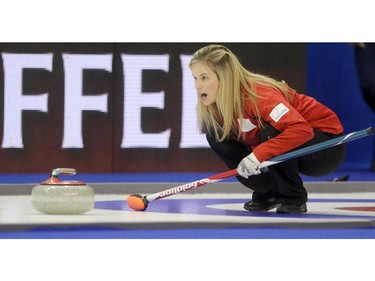 Team Canada's curler skip Jennifer Jones during day two of the Continental Cup at the Markin McPhail Centre at COP in Calgary on January 9, 2015.