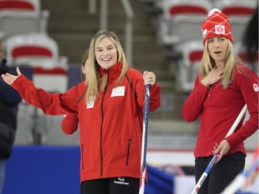 Team Canada curler skip Jennifer Jones, left, reacted with Canadian Olympic cross country skier Chandra Crawford during an fun exhibition match between team Jones and Brad Jacobs to kick off the Continental Cup at the Markin MacPhail Arena at Winsport January 7, 2015.