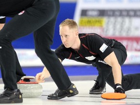 Team Canada curler Brad Jacobs let go of his shot during his game against Team Europe's Niklas Edin during the opening round of team action in the Continental Cup last week.