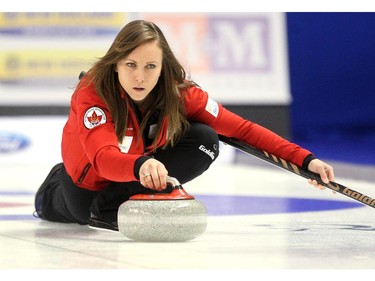 Team Canada skip Rachel Homan delivered her final rock during her game against Team Europe's Margaretha Sigfriddsson during the opening round of team action in the Continental Cup at the Markin MacPhail Arena at Winsport January 8, 2015.